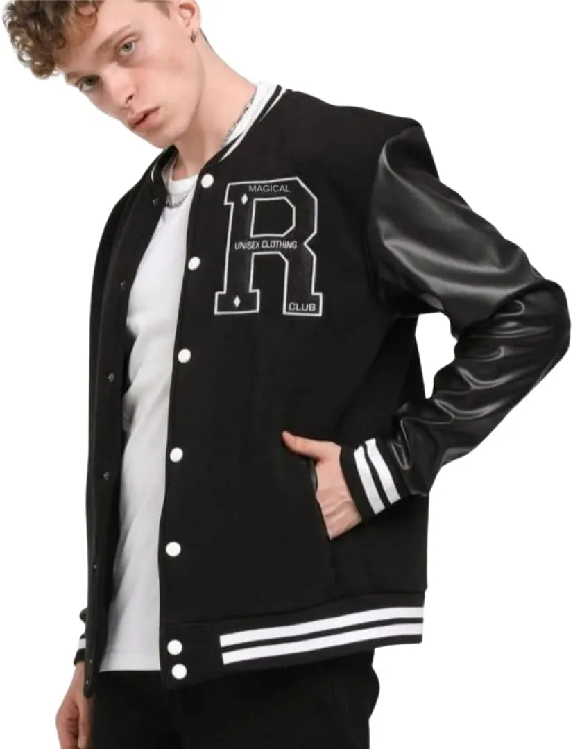 Men's Varsity Jacket with Black Letterman Baseball Style and Leather Sleeves
