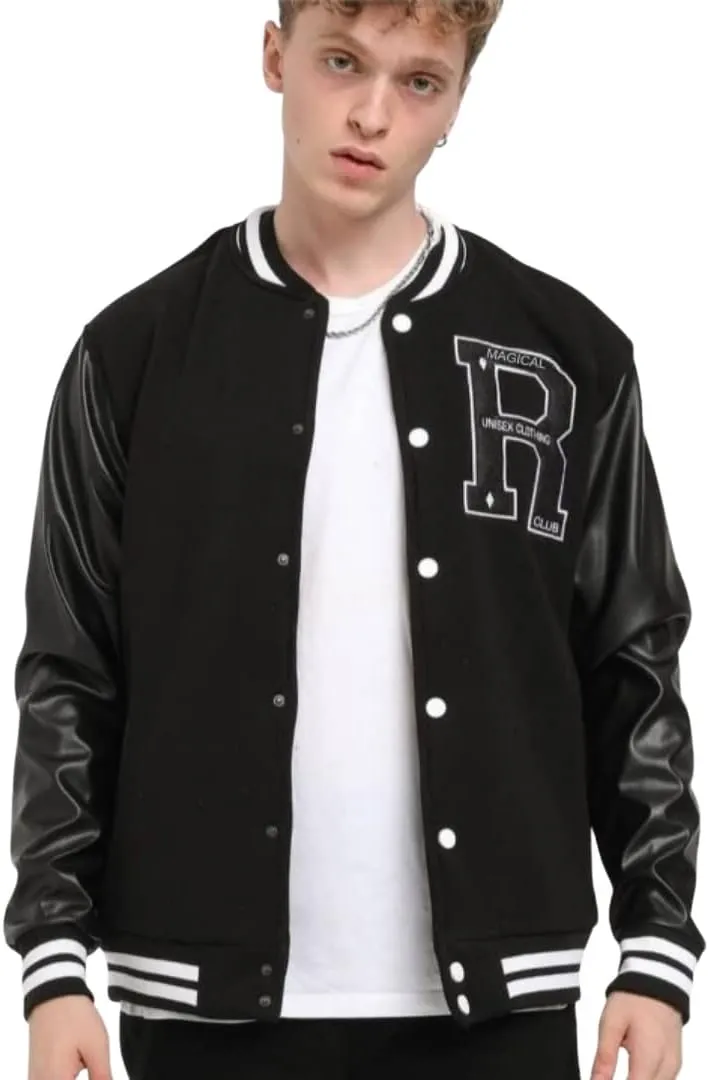 Men's Varsity Jacket with Black Letterman Baseball Style and Leather Sleeves