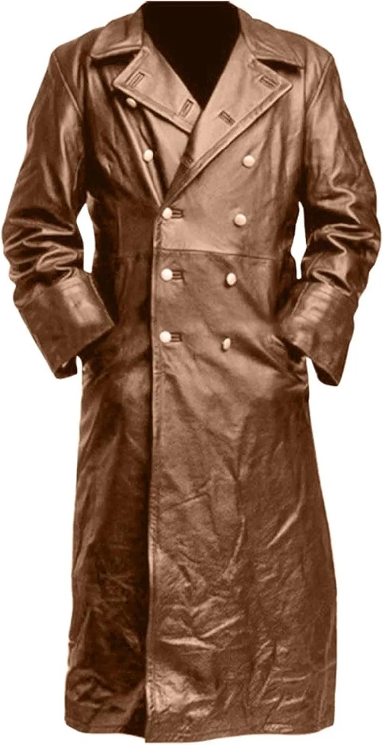 Mens Vintage Classic WW2 Officer Military Uniform Black Leather Trench Coat Jacket Temperament Motorcycle Jacket 2024