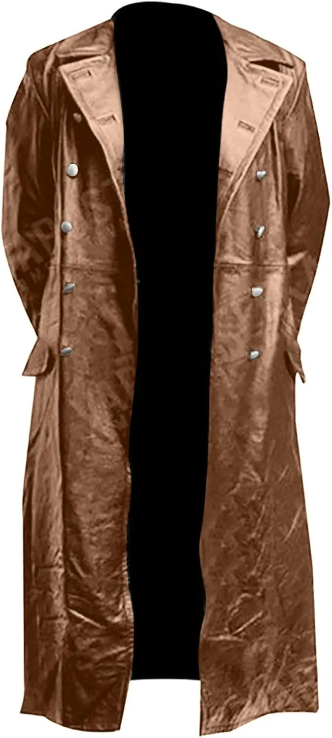 Mens Vintage Classic WW2 Officer Military Uniform Black Leather Trench Coat Jacket Temperament Motorcycle Jacket 2024
