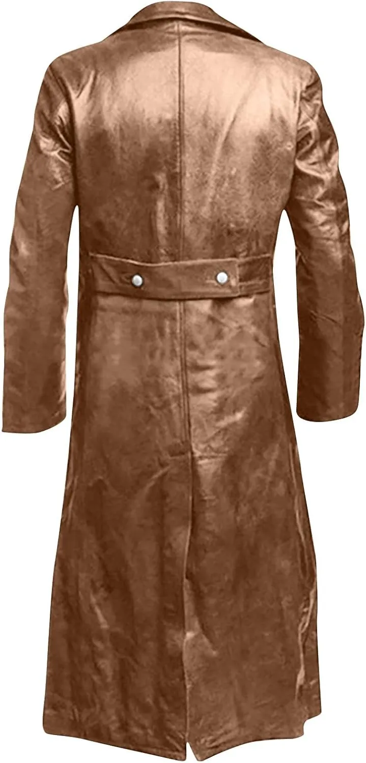 Mens Vintage Classic WW2 Officer Military Uniform Black Leather Trench Coat Jacket Temperament Motorcycle Jacket 2024