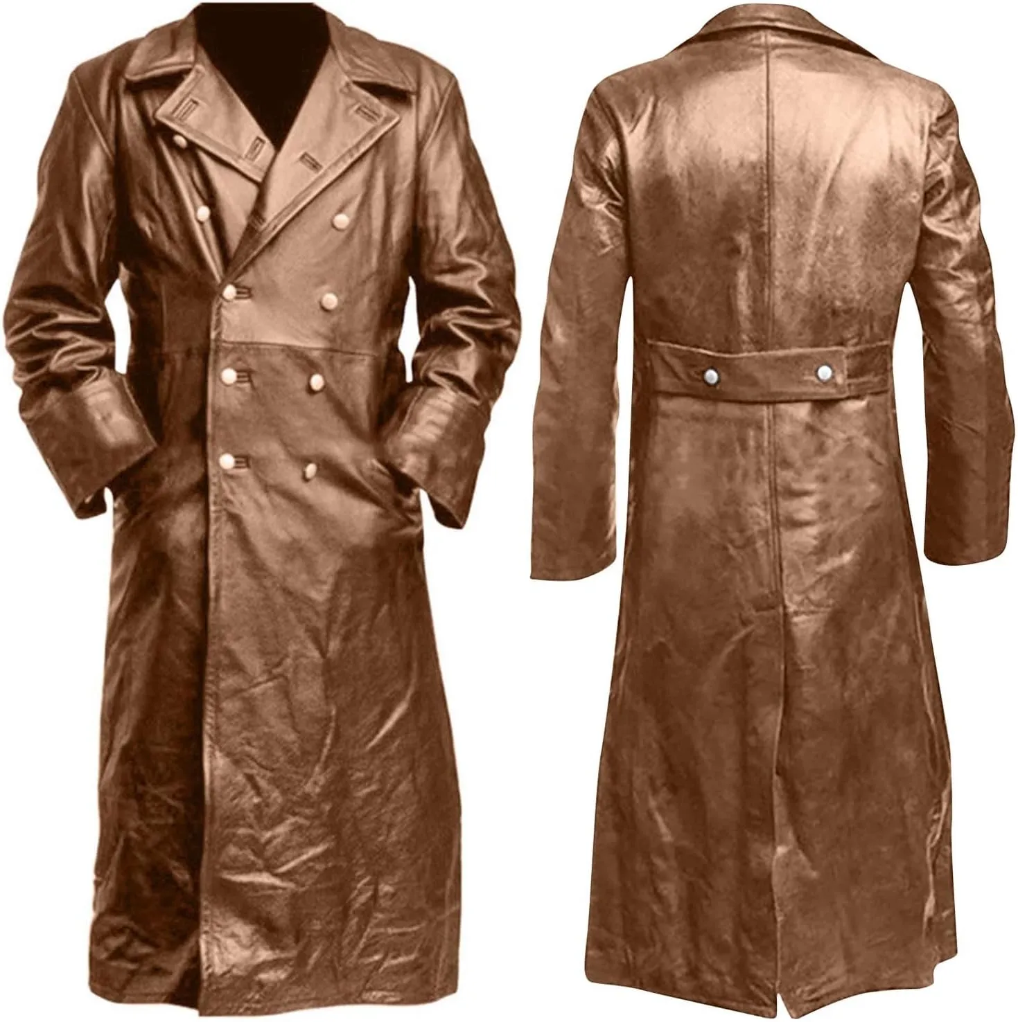 Mens Vintage Classic WW2 Officer Military Uniform Black Leather Trench Coat Jacket Temperament Motorcycle Jacket 2024