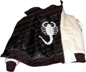 Mens White Lightweight Bomber Varsity Reversible Vintage Embroidered Scorpio Logo Quilted Satin Jacket