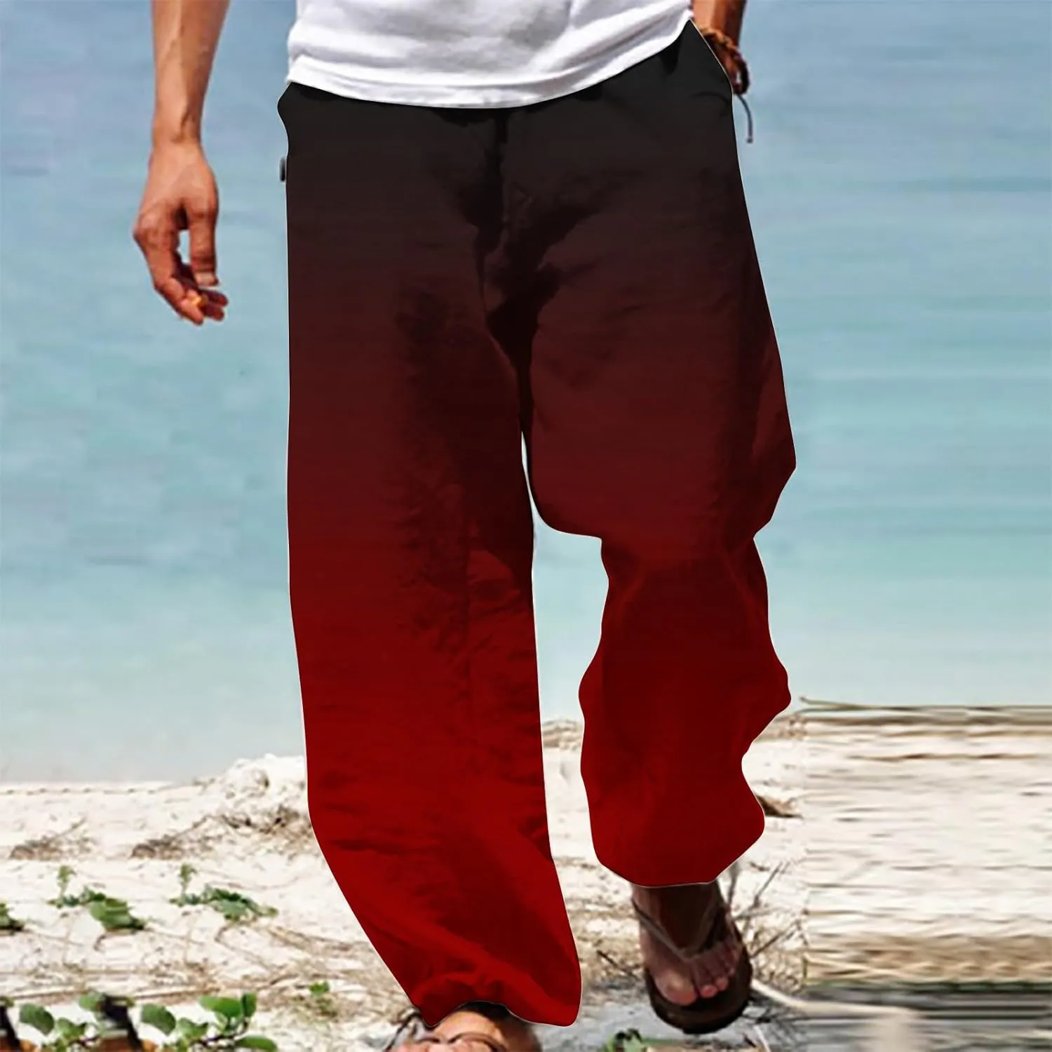 Muscularfit Mens Stretch Pants Casual Loose Drawstring Cotton Linen Straight Legs Fashion Gradient Color Stretch Trousers