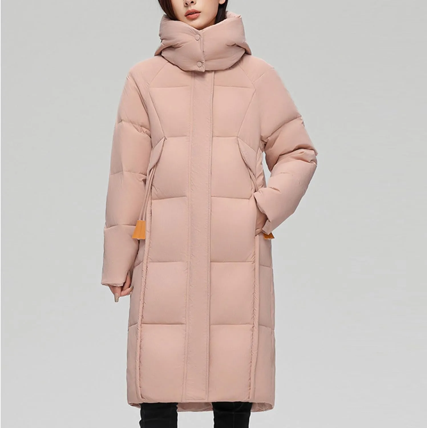 NATHGAM Long Down Coat Women Casual Turtleneck Thicken Winter Warm Hooded Puffer Coat Cotton Padded Zip Long Sleeve Outwears