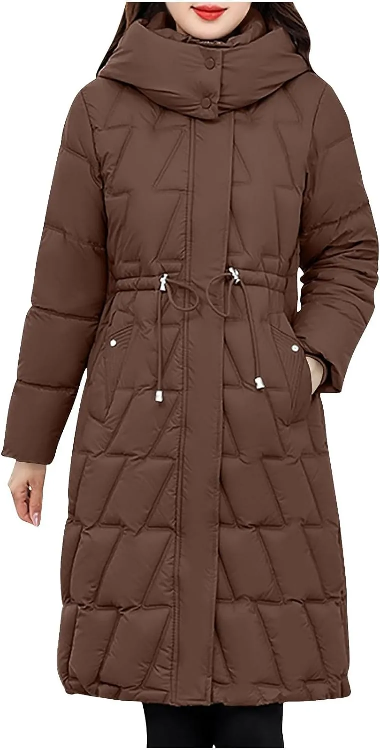 NATHGAM Women Long Puffer Jacket Winter Warm Thickened Cotton-Padded Hooded Outerwear Zip Trendy Going Out Parkas Down Jacket