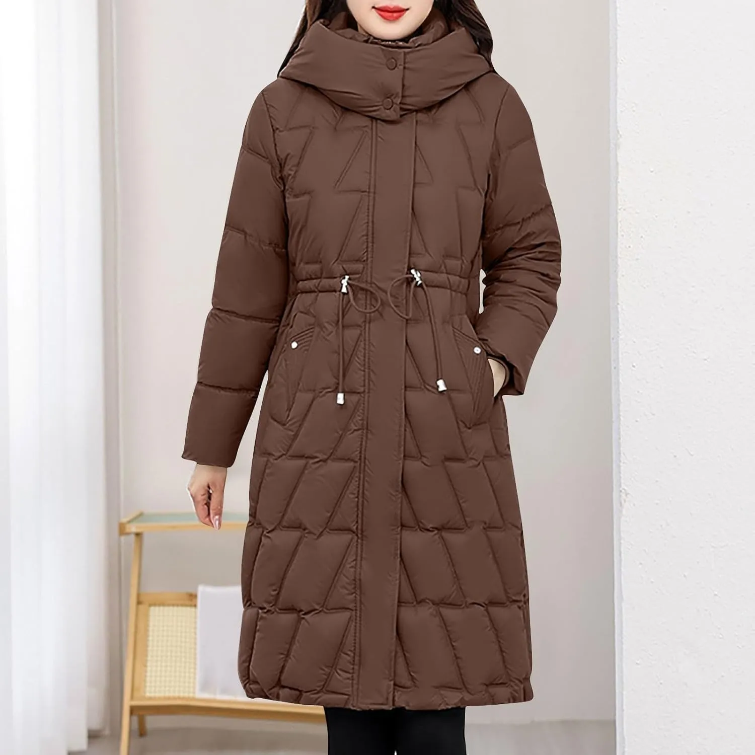 NATHGAM Women Long Puffer Jacket Winter Warm Thickened Cotton-Padded Hooded Outerwear Zip Trendy Going Out Parkas Down Jacket