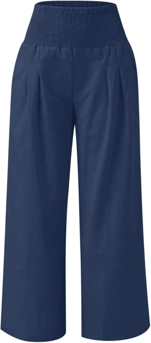 NATHGAM Women's Summer Wide Leg Pants Cotton Linen Casual Smocked High Waisted Palazzo Trousers Beach Travel Vacation Outfits