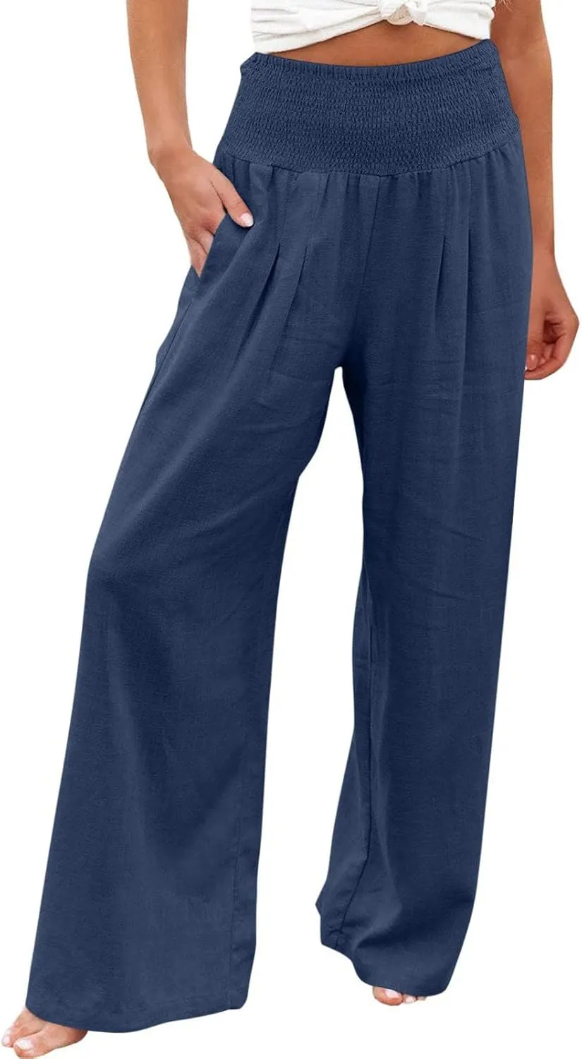 NATHGAM Women's Summer Wide Leg Pants Cotton Linen Casual Smocked High Waisted Palazzo Trousers Beach Travel Vacation Outfits