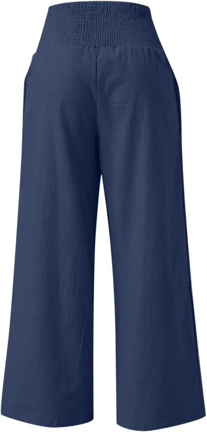 NATHGAM Women's Summer Wide Leg Pants Cotton Linen Casual Smocked High Waisted Palazzo Trousers Beach Travel Vacation Outfits