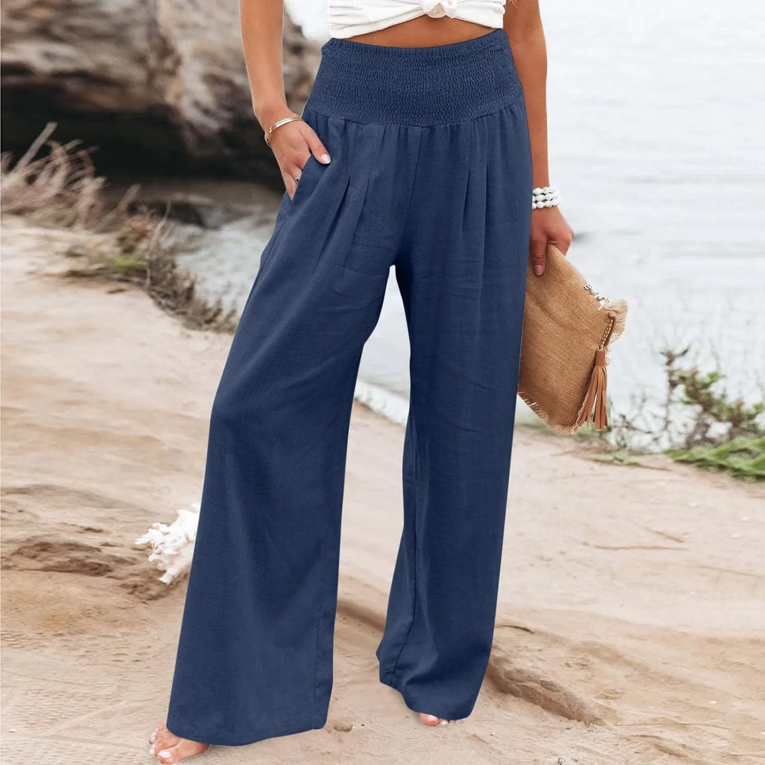 NATHGAM Women's Summer Wide Leg Pants Cotton Linen Casual Smocked High Waisted Palazzo Trousers Beach Travel Vacation Outfits