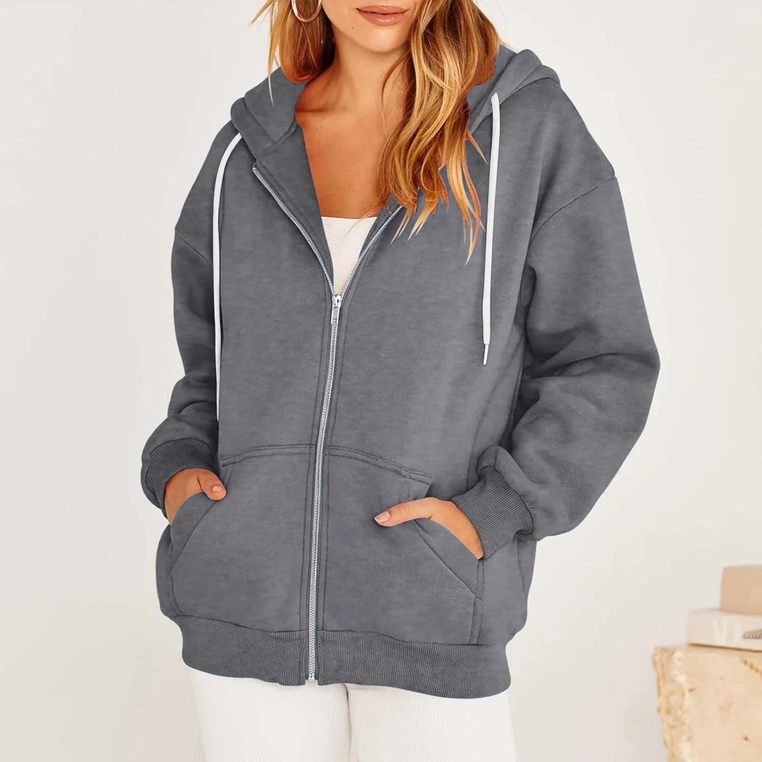 oiangi Hoodies for Women Teen Girls Fall Long Sleeve Jacket Cute Drawstring Zip up Hoodie Oversized Y2k Sweatshirts Pockets