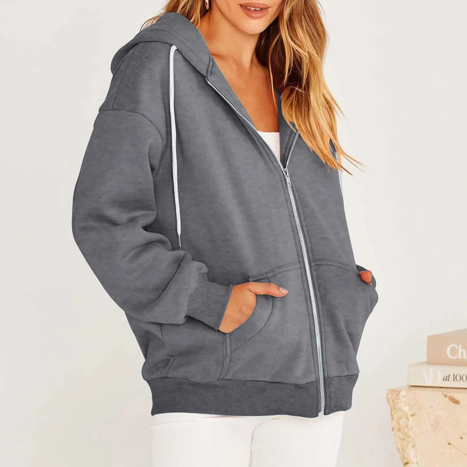 oiangi Hoodies for Women Teen Girls Fall Long Sleeve Jacket Cute Drawstring Zip up Hoodie Oversized Y2k Sweatshirts Pockets