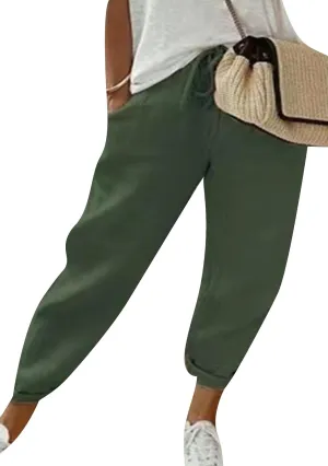 OMZIN Women Drawstring Loose High Waist Pants Casual Soft Trousers Solid Color Holiday Slacks