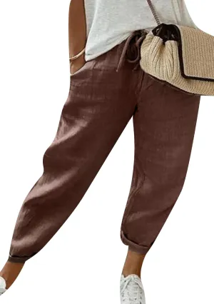 OMZIN Women Drawstring Loose High Waist Pants Casual Soft Trousers Solid Color Holiday Slacks