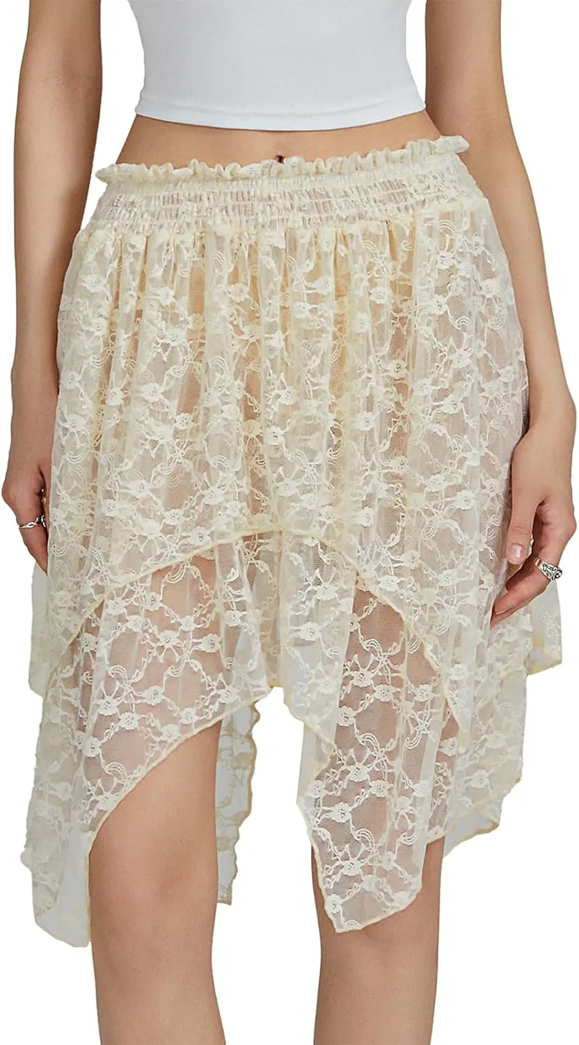 One opening Womens Summer Dresses Y2K Dress Boho Skirt Tulle Lace Mini Skirt Pleated Midi Dress Short Skirt Flowy Skirt