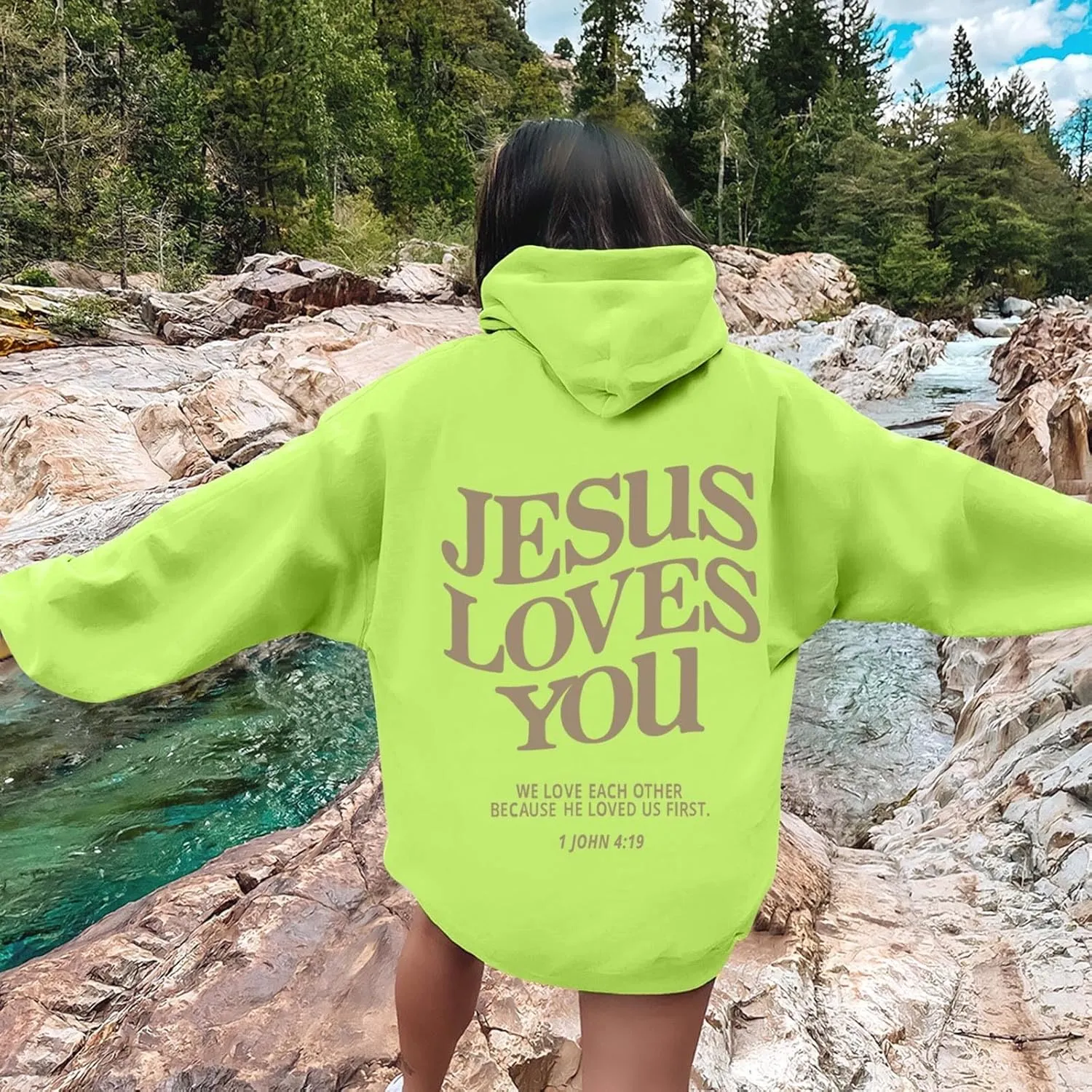 Oversized Hoodie for Women Christian Religious Jesus Loves You Hooded Hoodies Causal Sweatshirts with Pockets Pullover