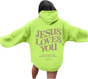 Oversized Hoodie for Women Christian Religious Jesus Loves You Hooded Hoodies Causal Sweatshirts with Pockets Pullover