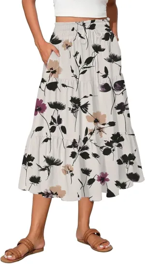 Palaver Boho Midi Skirts for Women Summer Boho Smocked High Waisted Skirt Vacation A-Line Long Flowy Skirts with Pockets