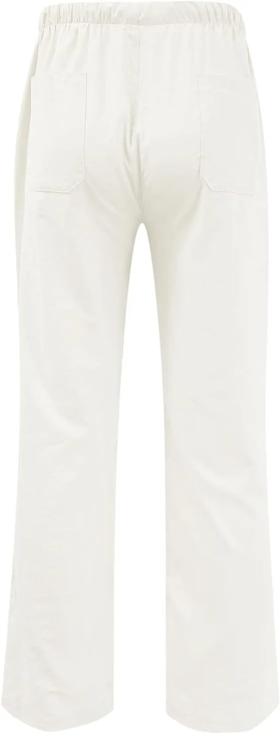 Pants for Men Cotton Linen Print Drawstring Pants Casual Loose Elastic Waist Solid Trousers Utility Straight Legs