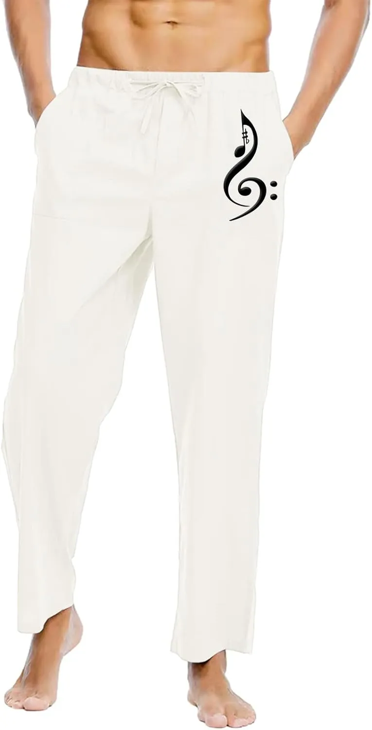 Pants for Men Cotton Linen Print Drawstring Pants Casual Loose Elastic Waist Solid Trousers Utility Straight Legs