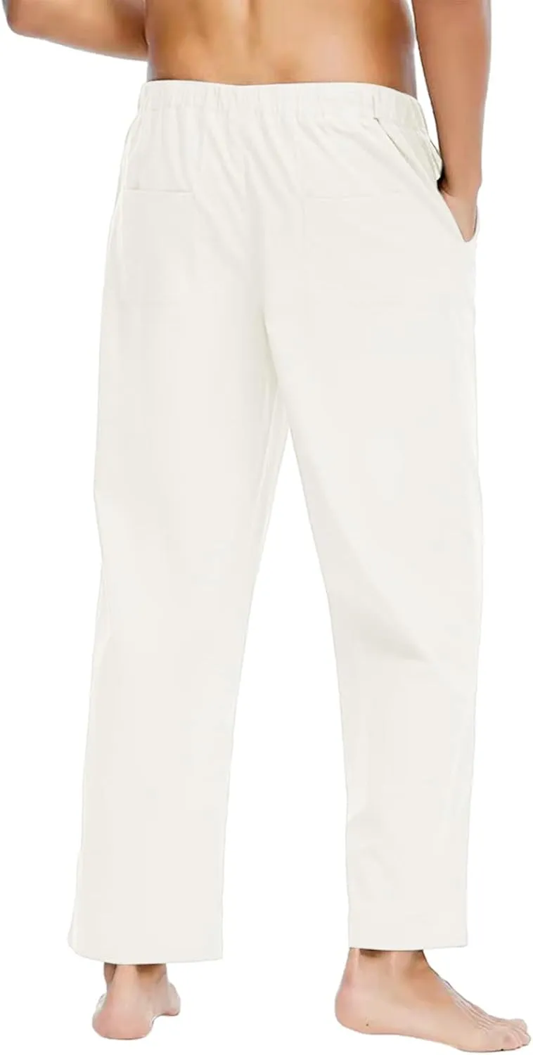 Pants for Men Cotton Linen Print Drawstring Pants Casual Loose Elastic Waist Solid Trousers Utility Straight Legs