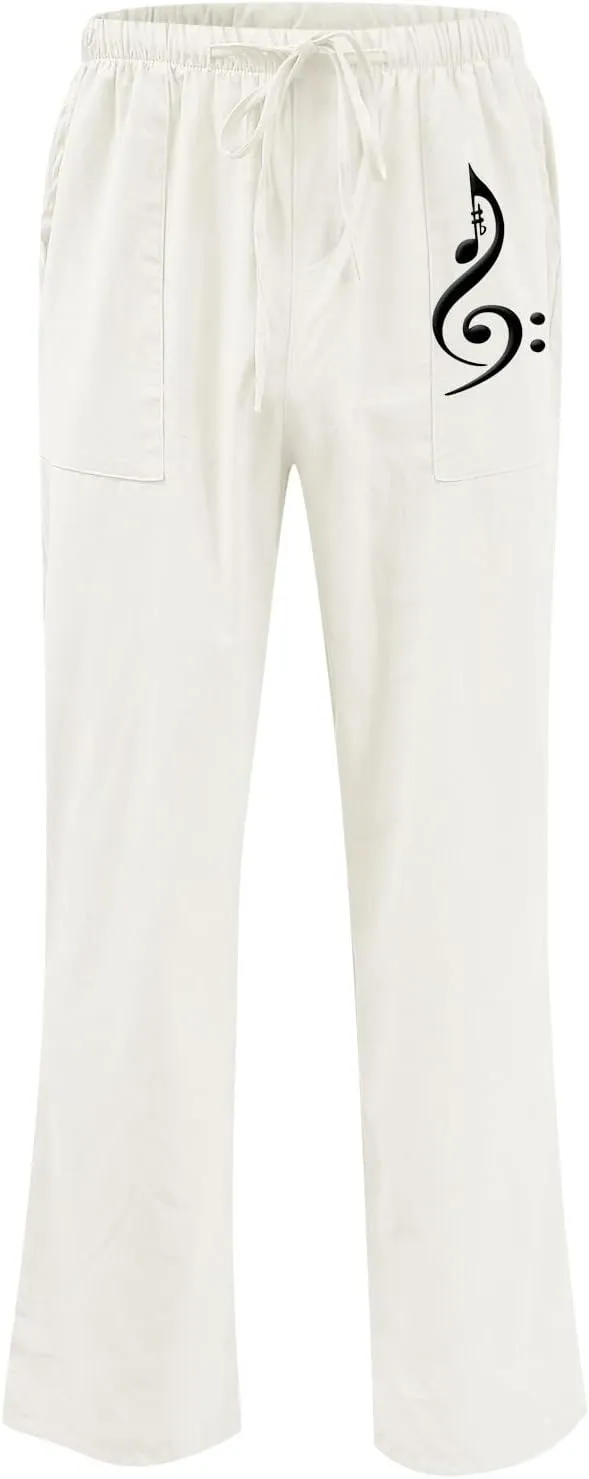 Pants for Men Cotton Linen Print Drawstring Pants Casual Loose Elastic Waist Solid Trousers Utility Straight Legs