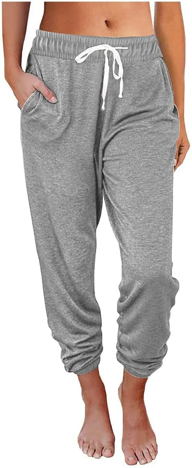 Pants for Women Dressy Casual 2023 Summer Drawstring Elastic Waist Solid Straight Leg Sweatpants Trouser Cropped