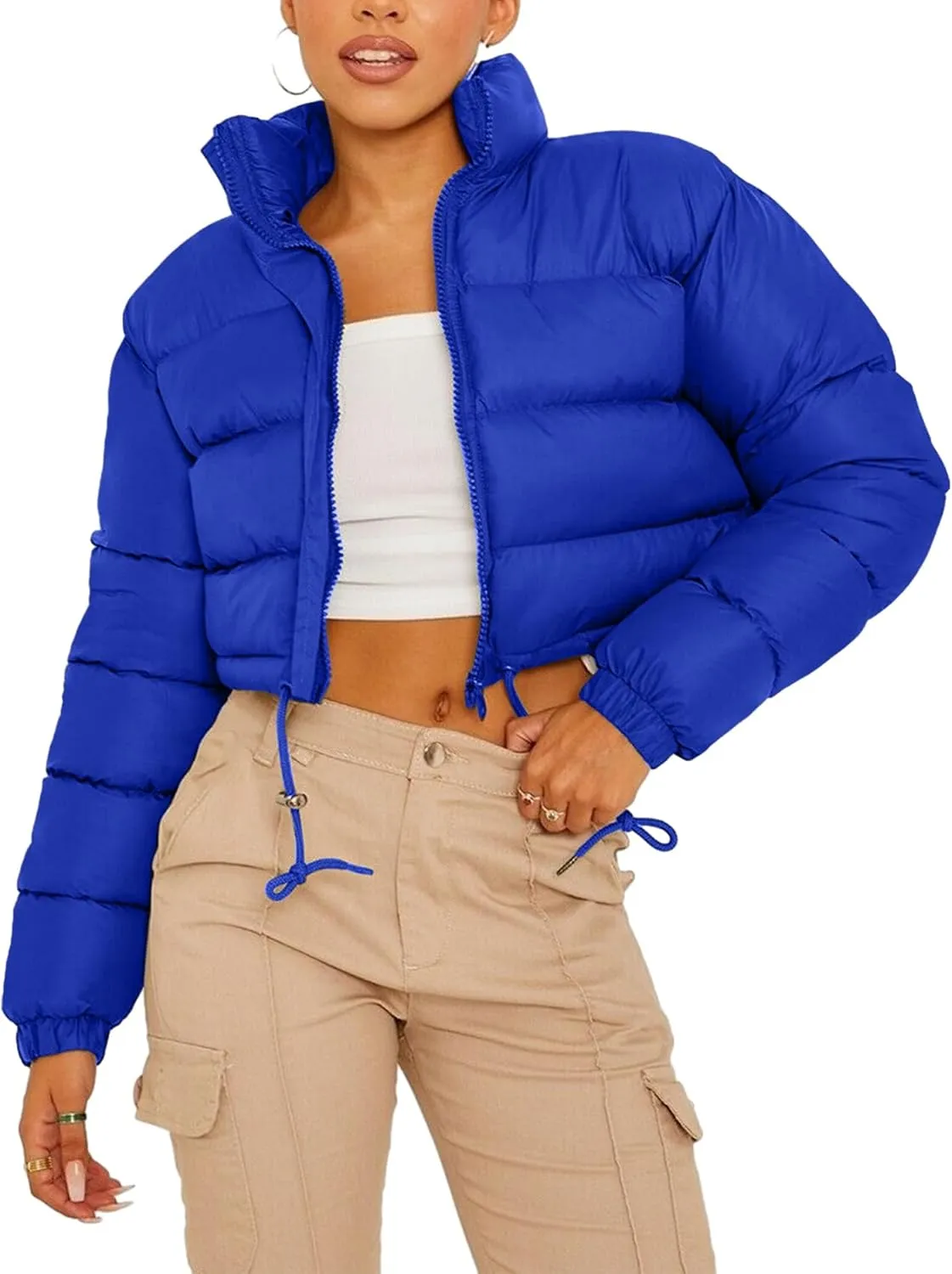 PEHMEA Women Cropped Puffer Jacket Winter Zip Up Short Padded Down Coat(RoyalBlue-M)