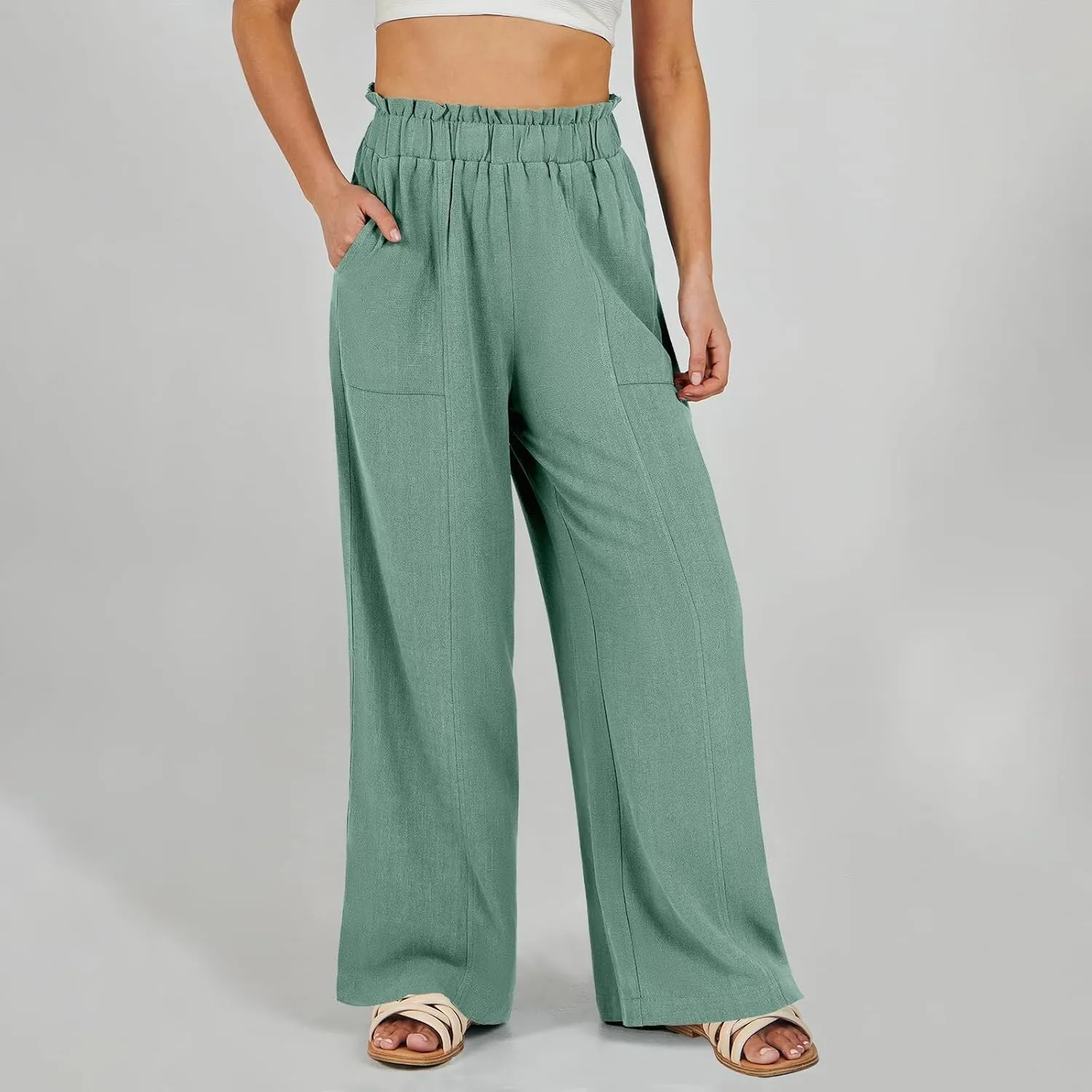 Plus Size Linen Pants Women Summer Casual Loose Flowy High Waited Beach Pants Trendy Summer Outfits with Pockets