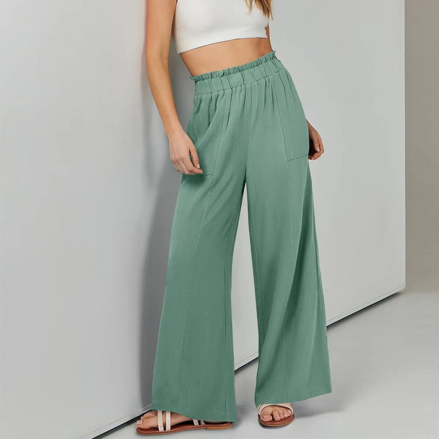 Plus Size Linen Pants Women Summer Casual Loose Flowy High Waited Beach Pants Trendy Summer Outfits with Pockets