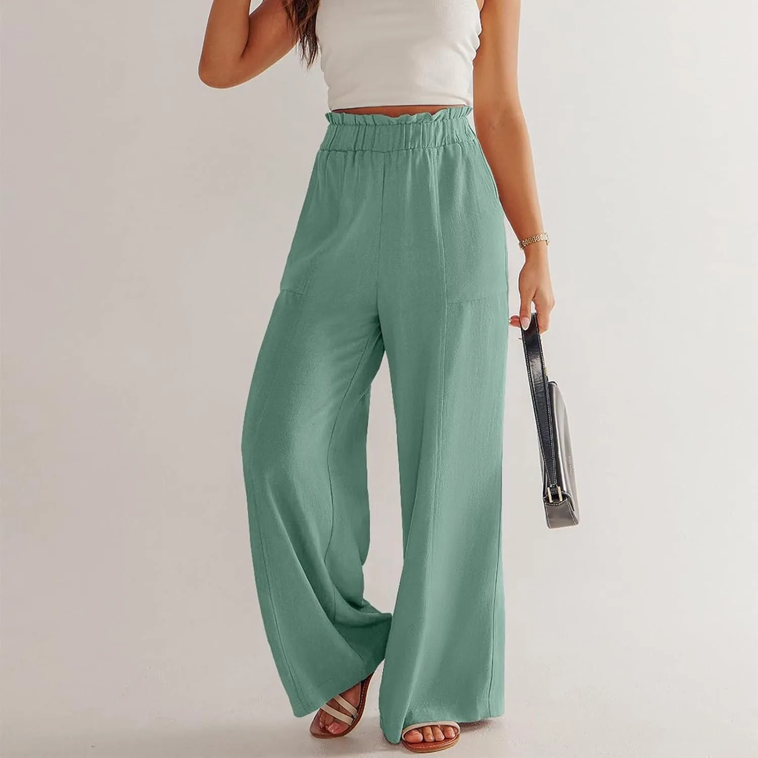 Plus Size Linen Pants Women Summer Casual Loose Flowy High Waited Beach Pants Trendy Summer Outfits with Pockets