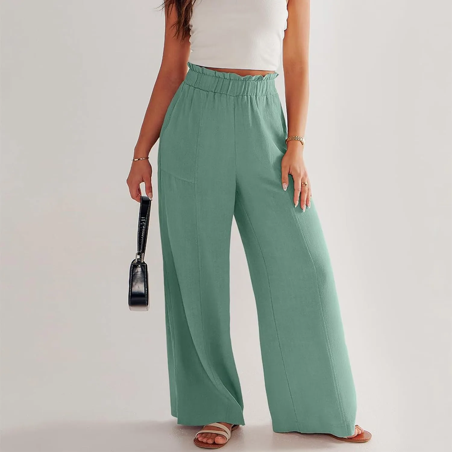 Plus Size Linen Pants Women Summer Casual Loose Flowy High Waited Beach Pants Trendy Summer Outfits with Pockets