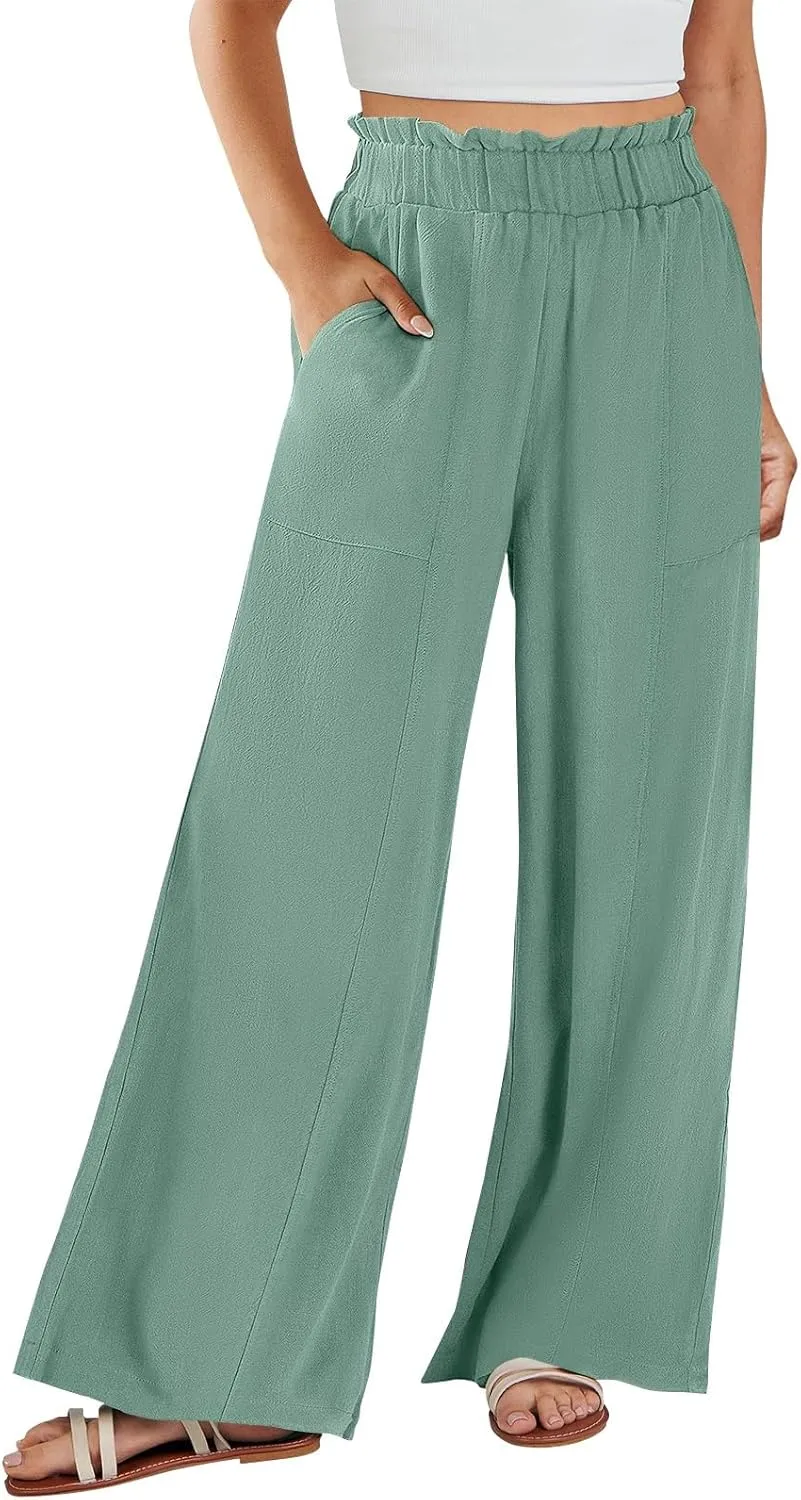 Plus Size Linen Pants Women Summer Casual Loose Flowy High Waited Beach Pants Trendy Summer Outfits with Pockets