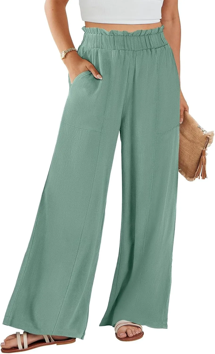 Plus Size Linen Pants Women Summer Casual Loose Flowy High Waited Beach Pants Trendy Summer Outfits with Pockets