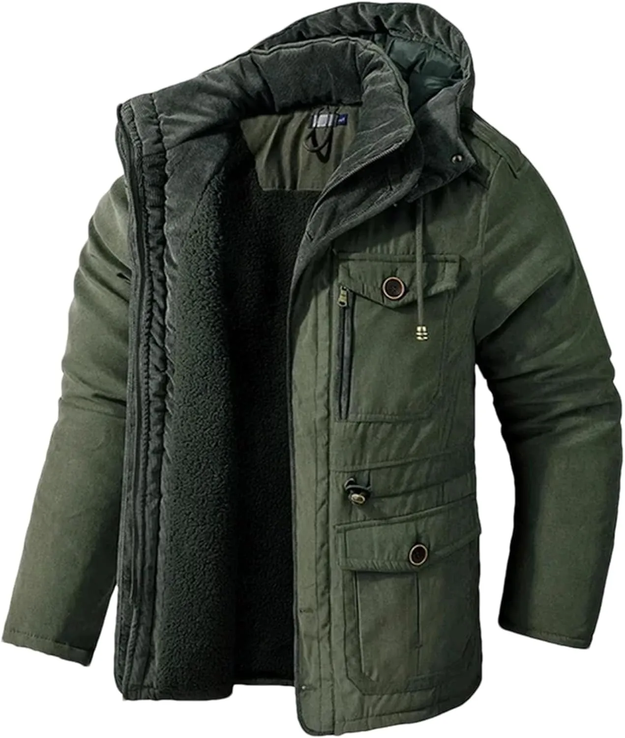 Pulcykp Men's Fleece Cotton-Padded Windbreaker Coats Thicken Warm Winter Hooded Snow Parka Jacket