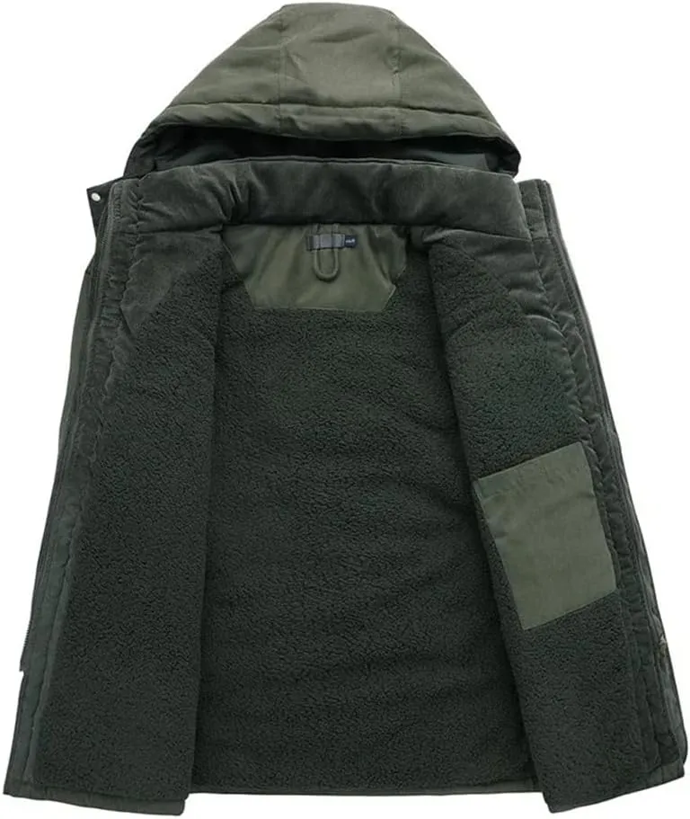 Pulcykp Men's Fleece Cotton-Padded Windbreaker Coats Thicken Warm Winter Hooded Snow Parka Jacket