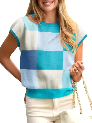 Saodimallsu Womens Short Sleeve Sweater Top Summer Color Block Lightweight Knit Crewneck Going Out Pullover Tops