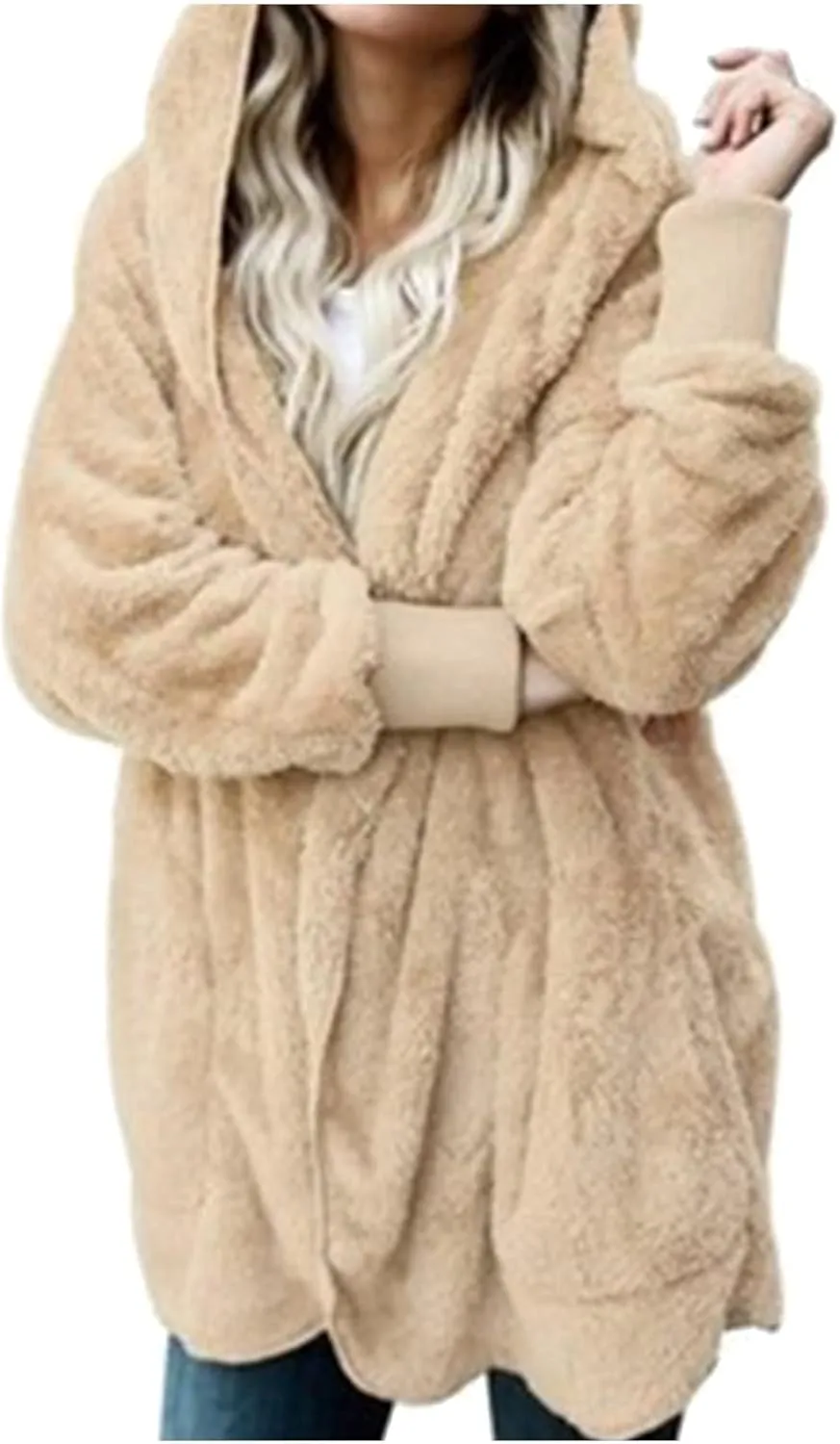 Sherpa Jacket Women Baggy Fuzzy Fleece Open Front Hooded Cardigans Jacket Fluffy Winter Coats Outerwear with Pockets