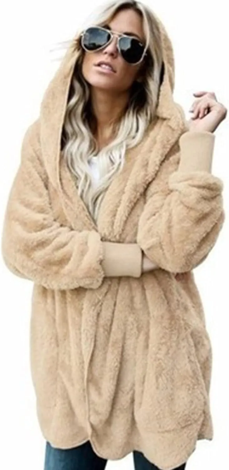 Sherpa Jacket Women Baggy Fuzzy Fleece Open Front Hooded Cardigans Jacket Fluffy Winter Coats Outerwear with Pockets