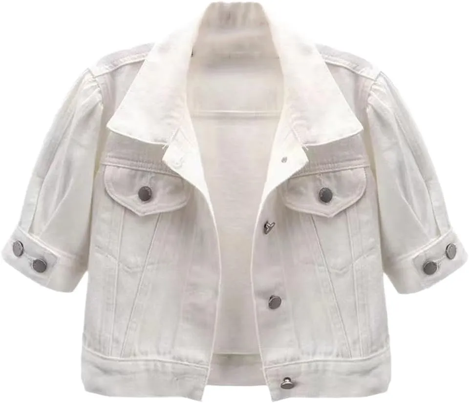 Short Sleeve Denim Jacket Coat Women Summer Thin Slim Short Outwear White Jeans Jacket Female