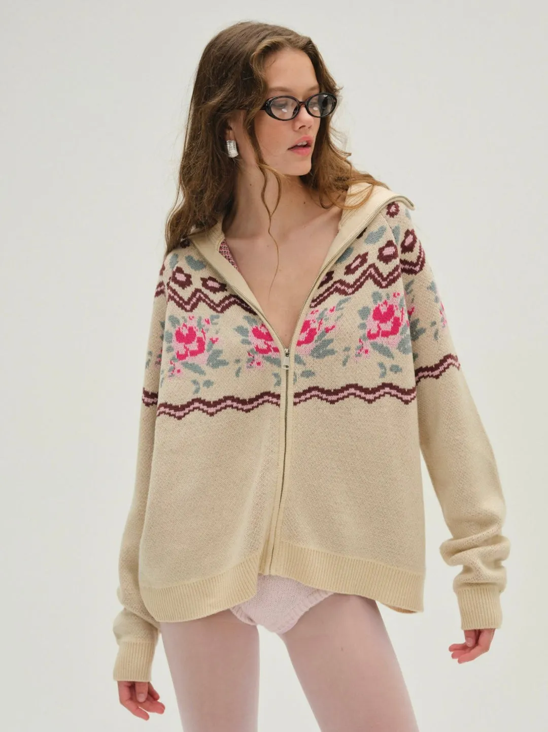 Ski Lodge Zip Up Sweater - Cream White