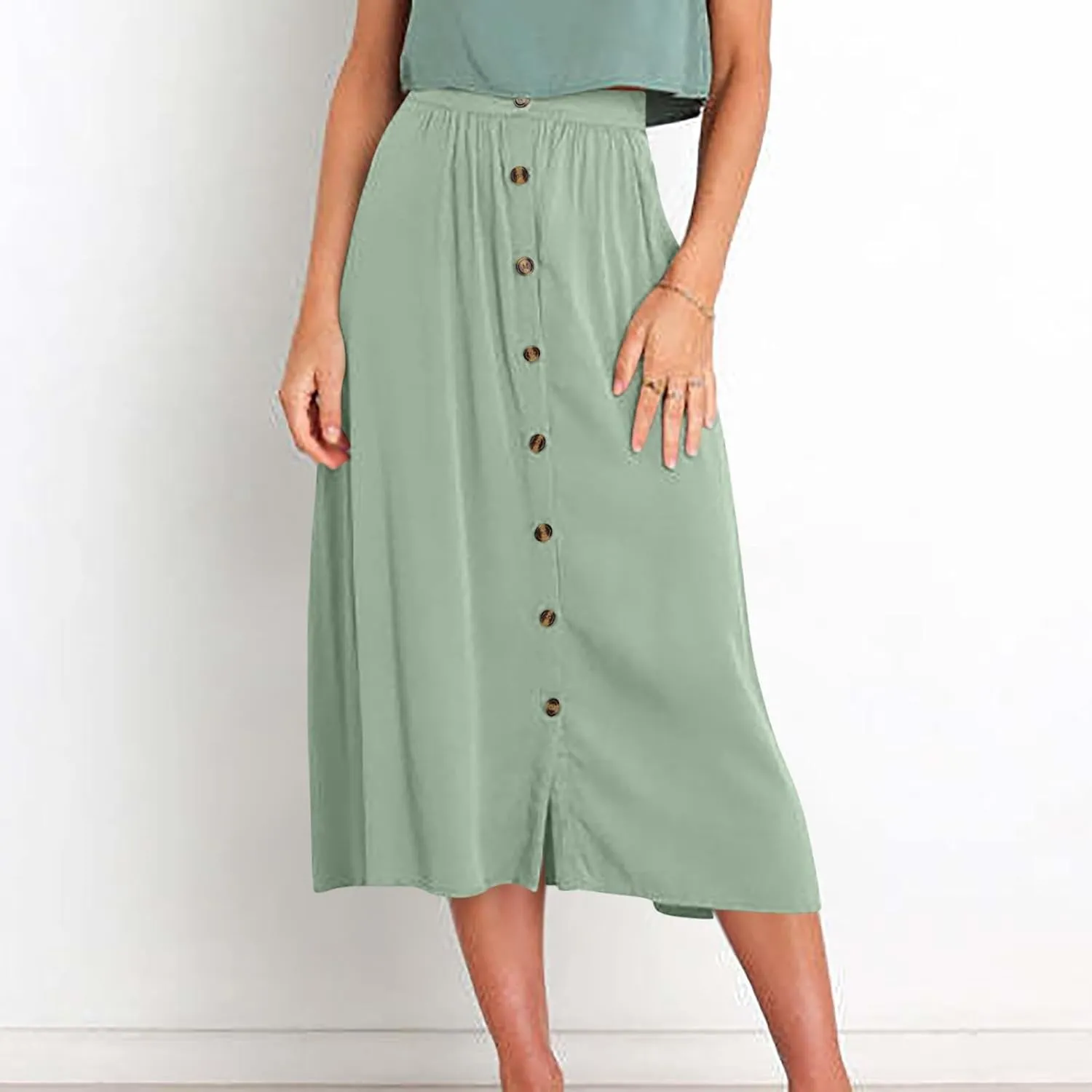 Skirts for Women Summer High Waisted Button Down Front Skirt with Pockets Casual Vintage Swing Flowy A-Line Skirts