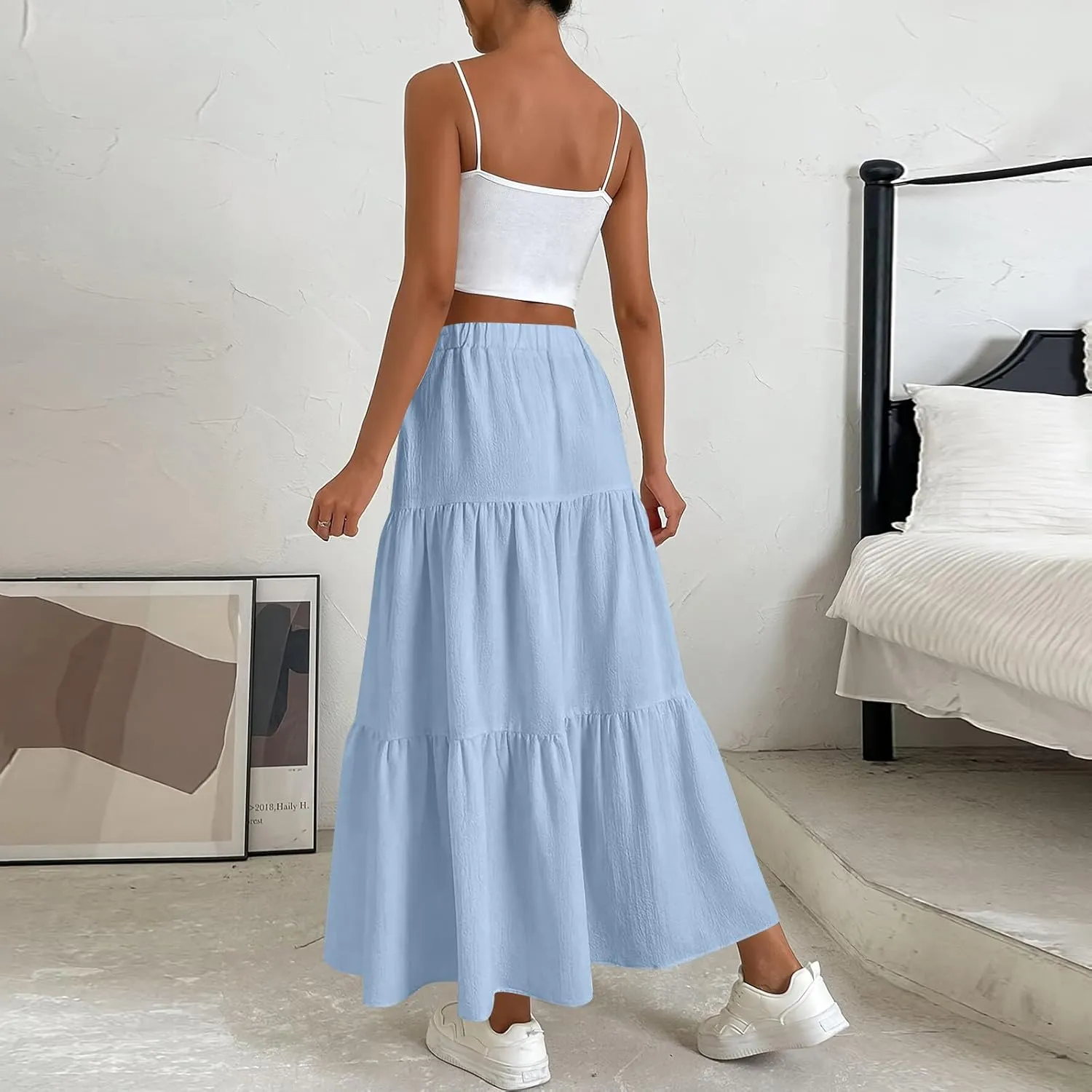 Skirts for Women Trendy High Waisted Tiered Linen Maxi Skirt Casual Flowy Pleated A Line Beach Long Skirts with Tie