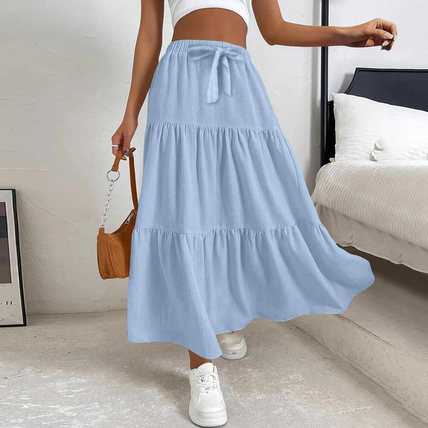 Skirts for Women Trendy High Waisted Tiered Linen Maxi Skirt Casual Flowy Pleated A Line Beach Long Skirts with Tie