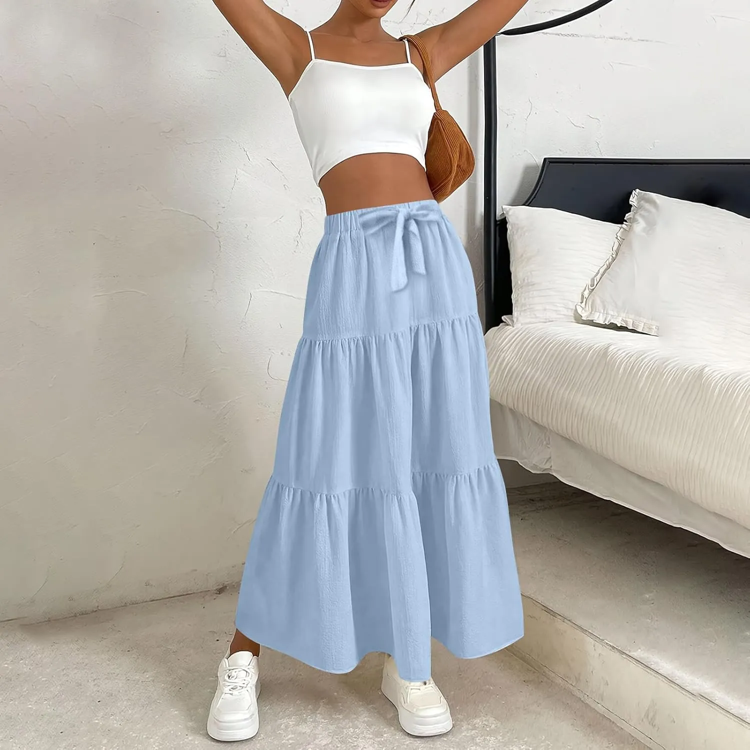 Skirts for Women Trendy High Waisted Tiered Linen Maxi Skirt Casual Flowy Pleated A Line Beach Long Skirts with Tie