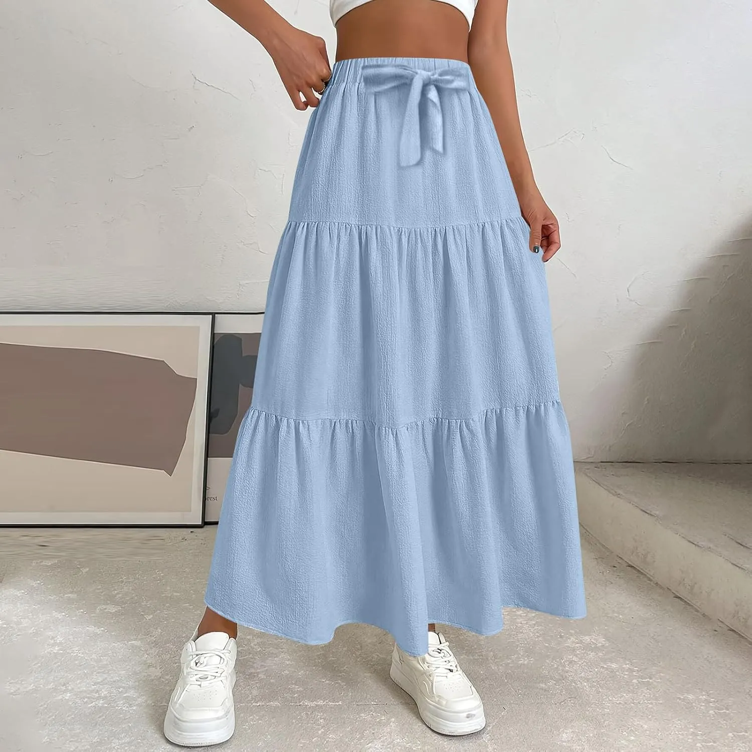 Skirts for Women Trendy High Waisted Tiered Linen Maxi Skirt Casual Flowy Pleated A Line Beach Long Skirts with Tie