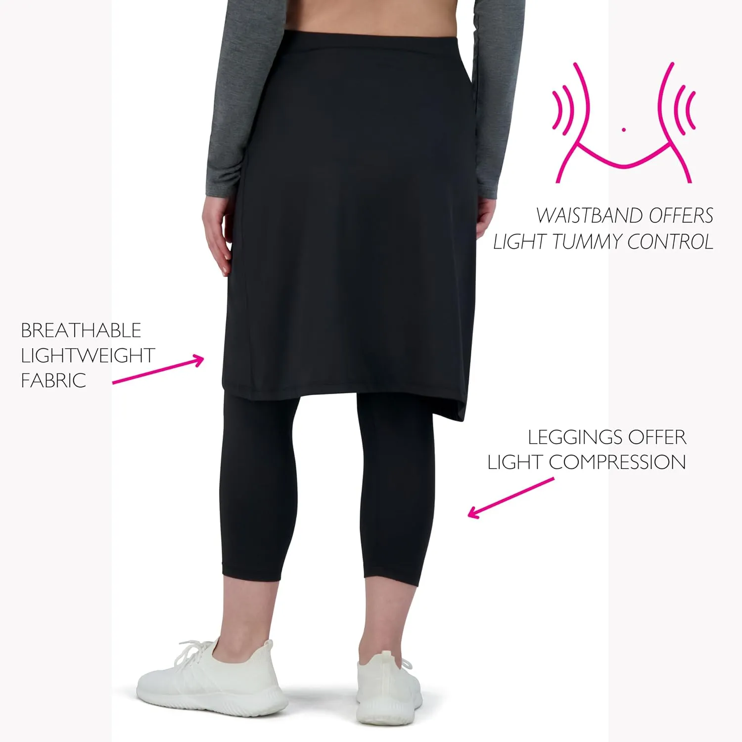 Snoga Athletics 22in Faux Wrap Skirt for Women, Modest Midi Skirt with Attached 3/4 Capri Leggings