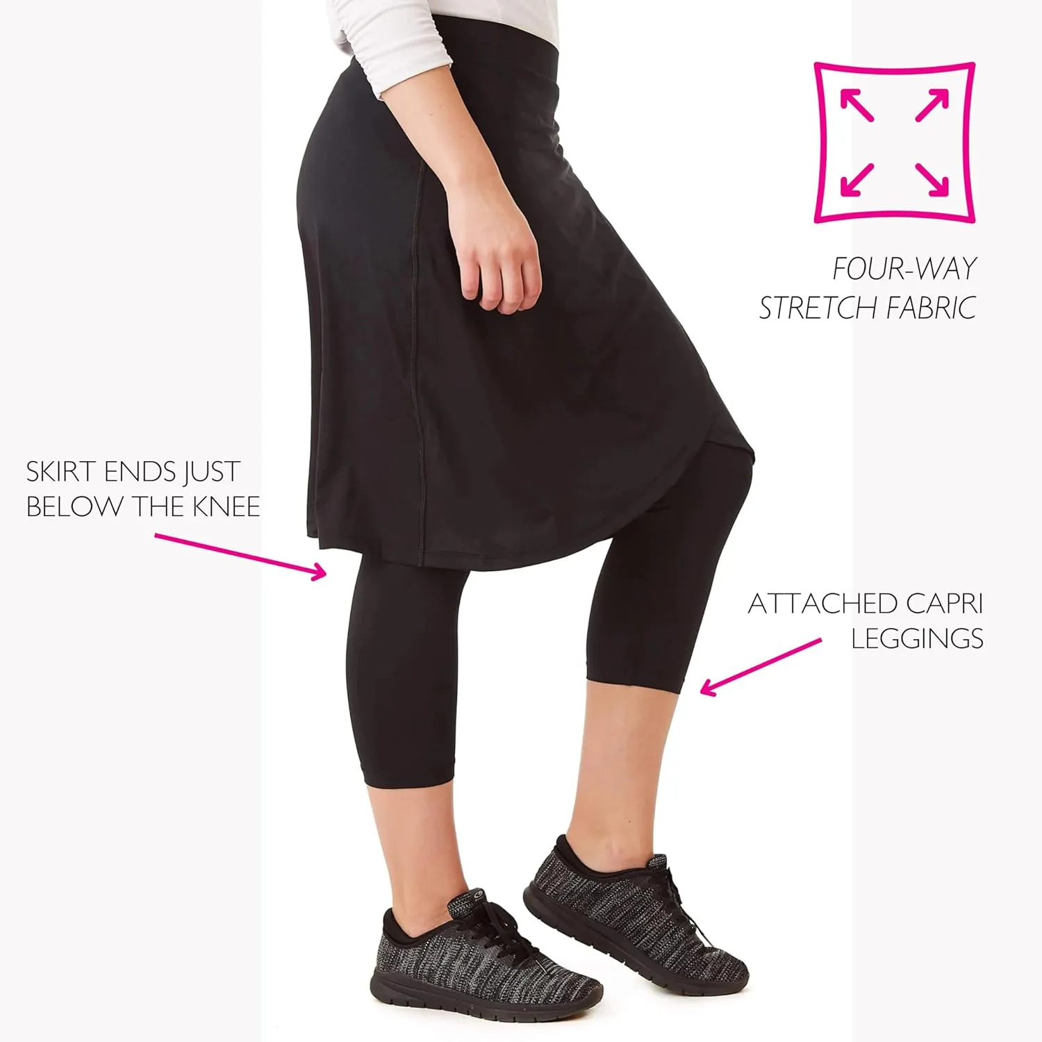 Snoga Athletics 22in Faux Wrap Skirt for Women, Modest Midi Skirt with Attached 3/4 Capri Leggings