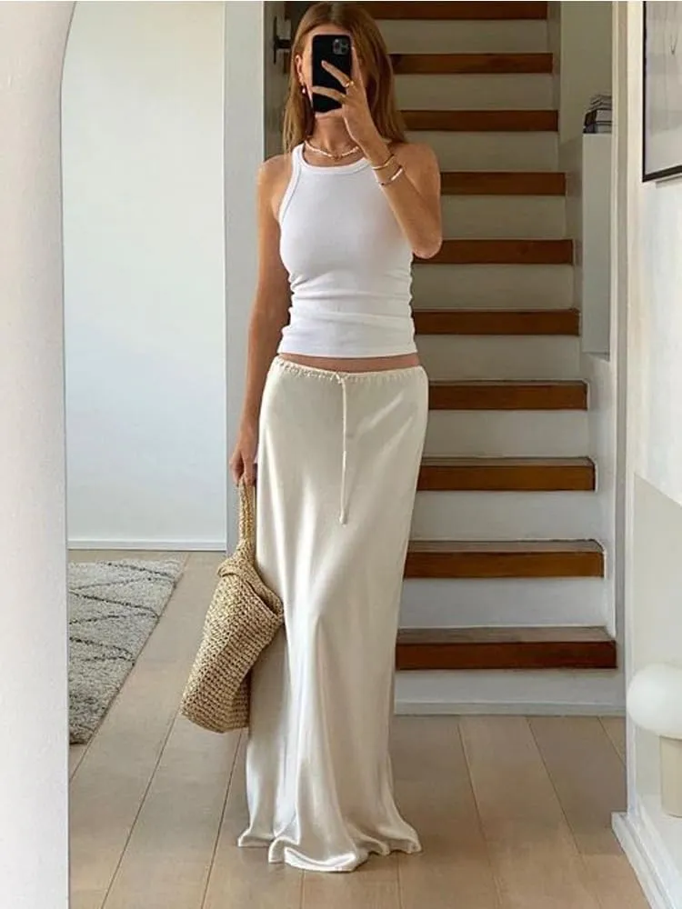 SOLILOQUY Womens Long Skirt Drawstring High Waist Solid Satin Silk Maxi Skirt Elegant A-line Skirts
